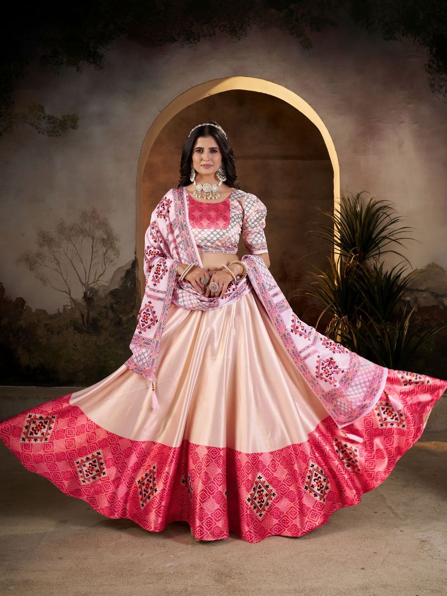 Peach & Red Lehenga with Geometric Print Border