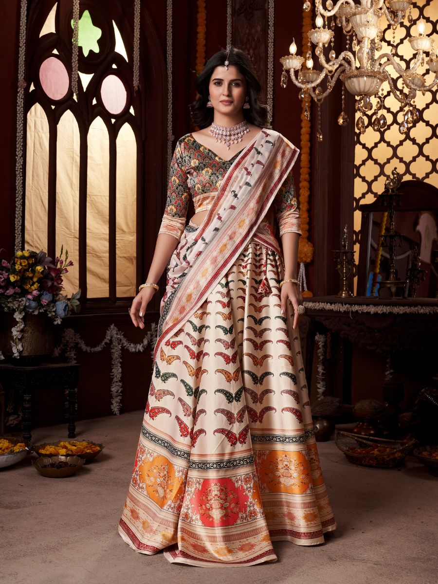 Cream Lehenga with Colorful Butterfly Prints