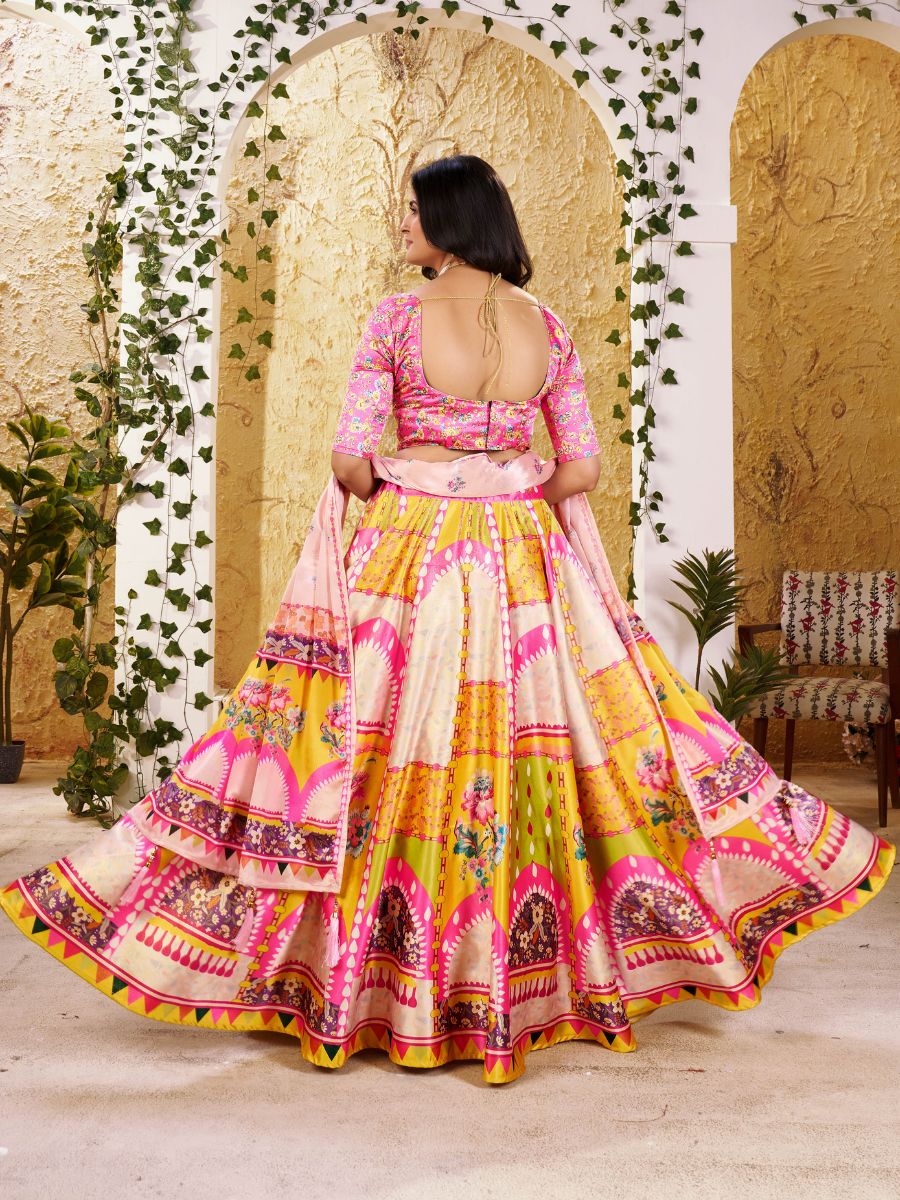 Pink & Yellow Printed Lehenga with Floral Dupatta