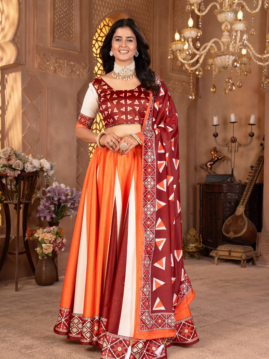 Orange & Maroon Lehenga Choli with Geometric Print Dupatta
