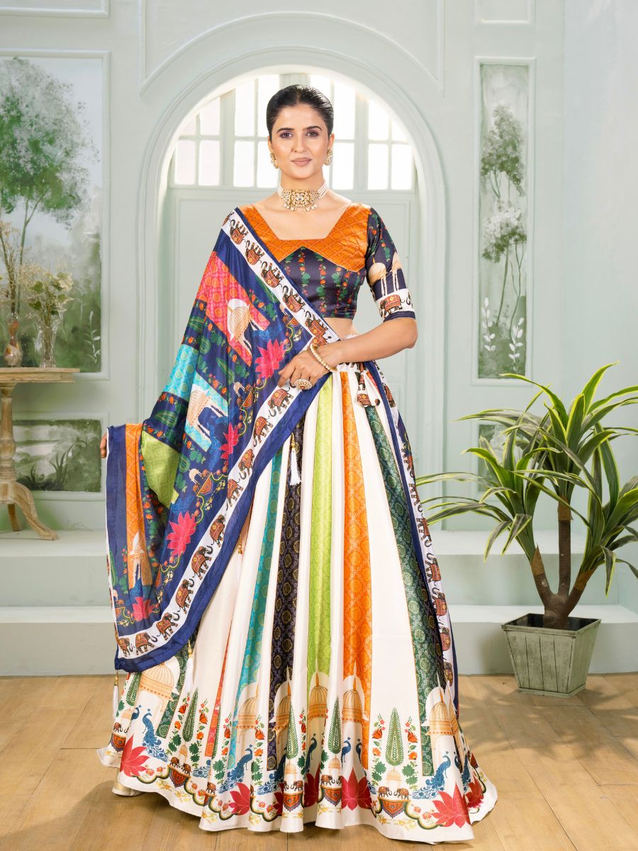 White Multicolor Printed Lehenga Choli with Dupatta