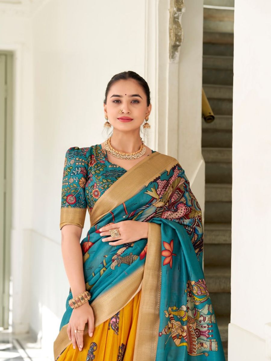 Yellow Handpainted Lehenga with Teal Blouse & Dupatta