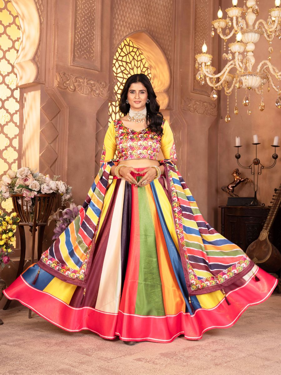 Multicolor Striped Lehenga Choli with Yellow Blouse with gamthi print