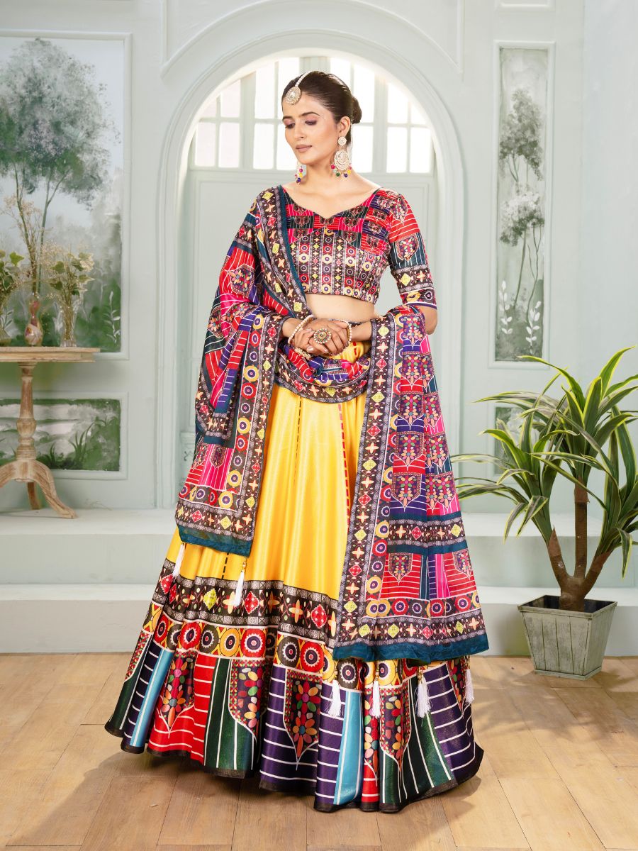 Yellow Lehenga Choli with Multicolor printed Dupatta