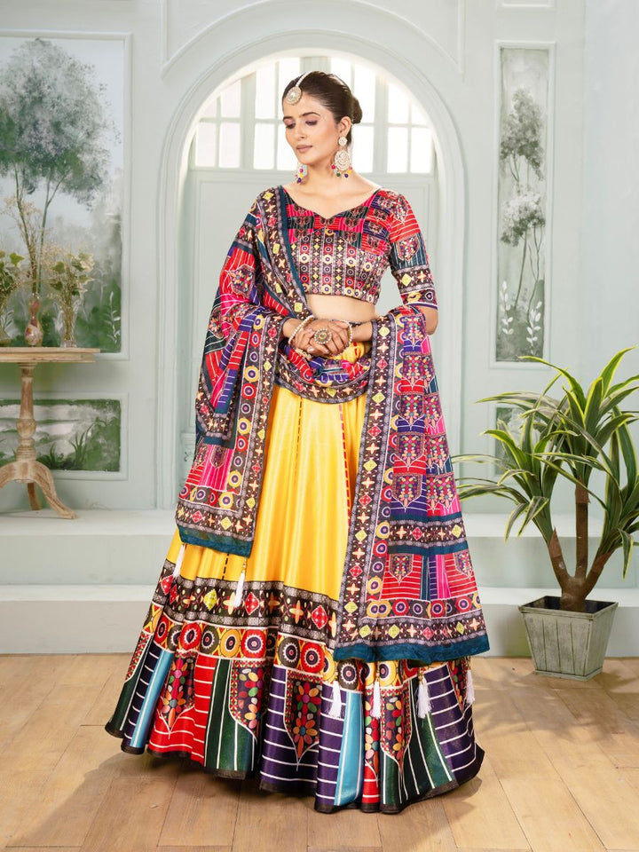 Yellow Lehenga Choli with Multicolor printed Dupatta