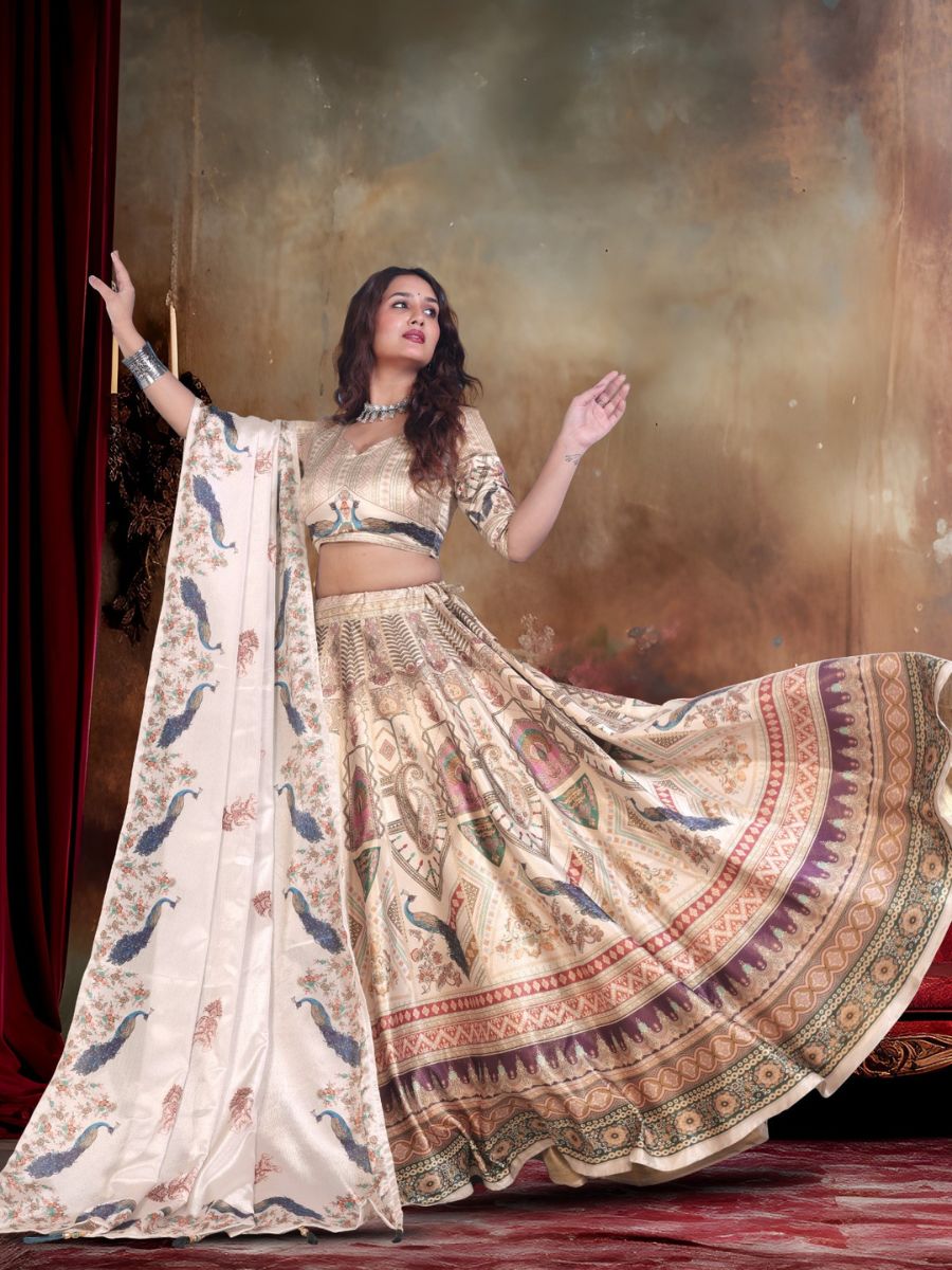 Cream Printed Lehenga with Peacock & Temple Motifs