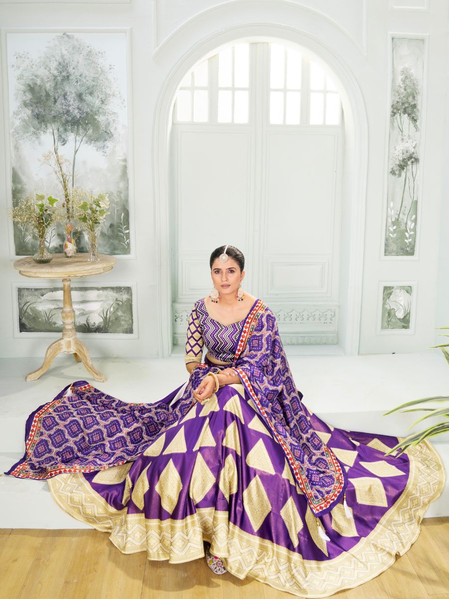 Purple Silk Lehenga Choli with Golden Geometric Work
