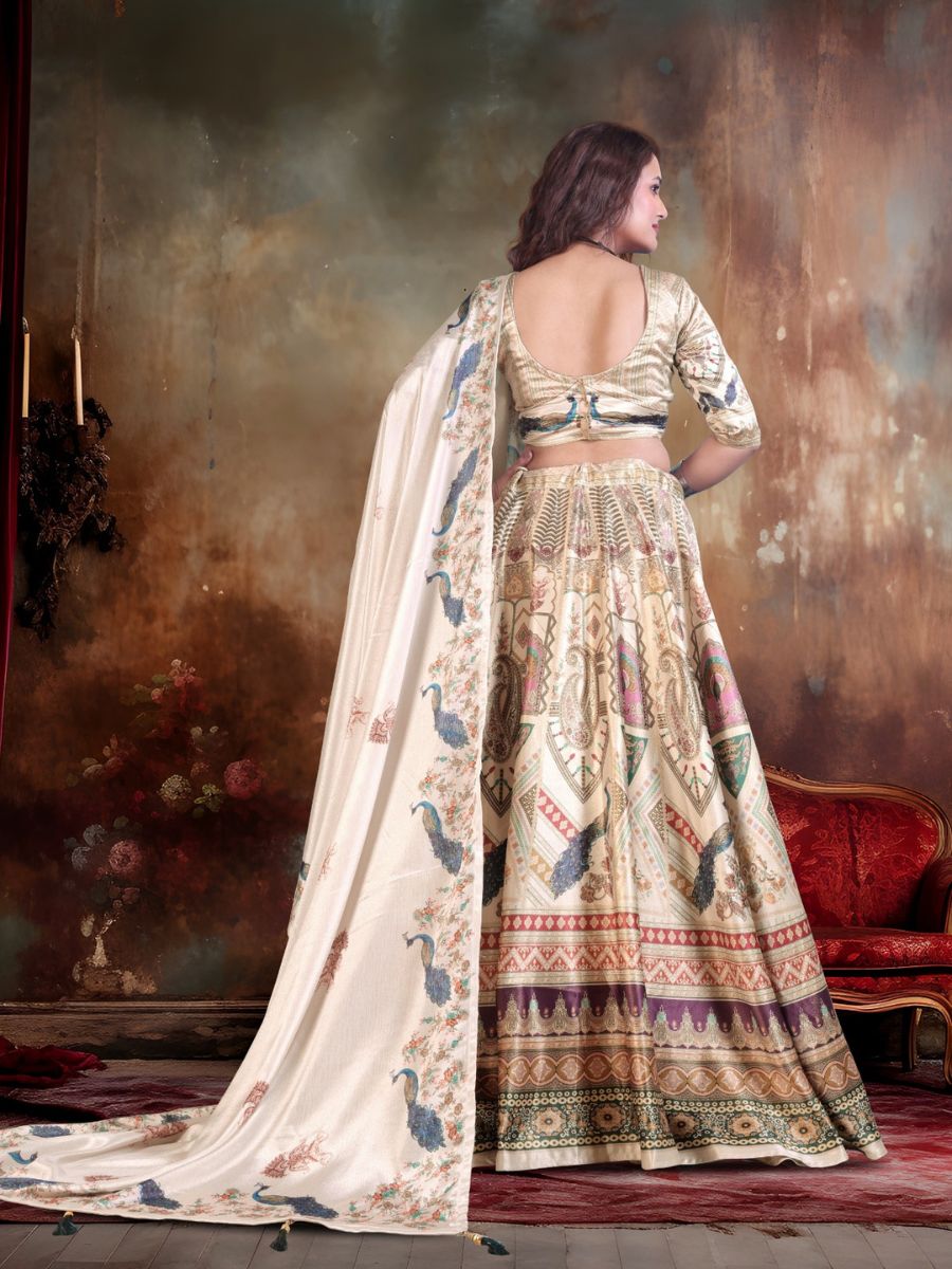 Cream Printed Lehenga with Peacock & Temple Motifs