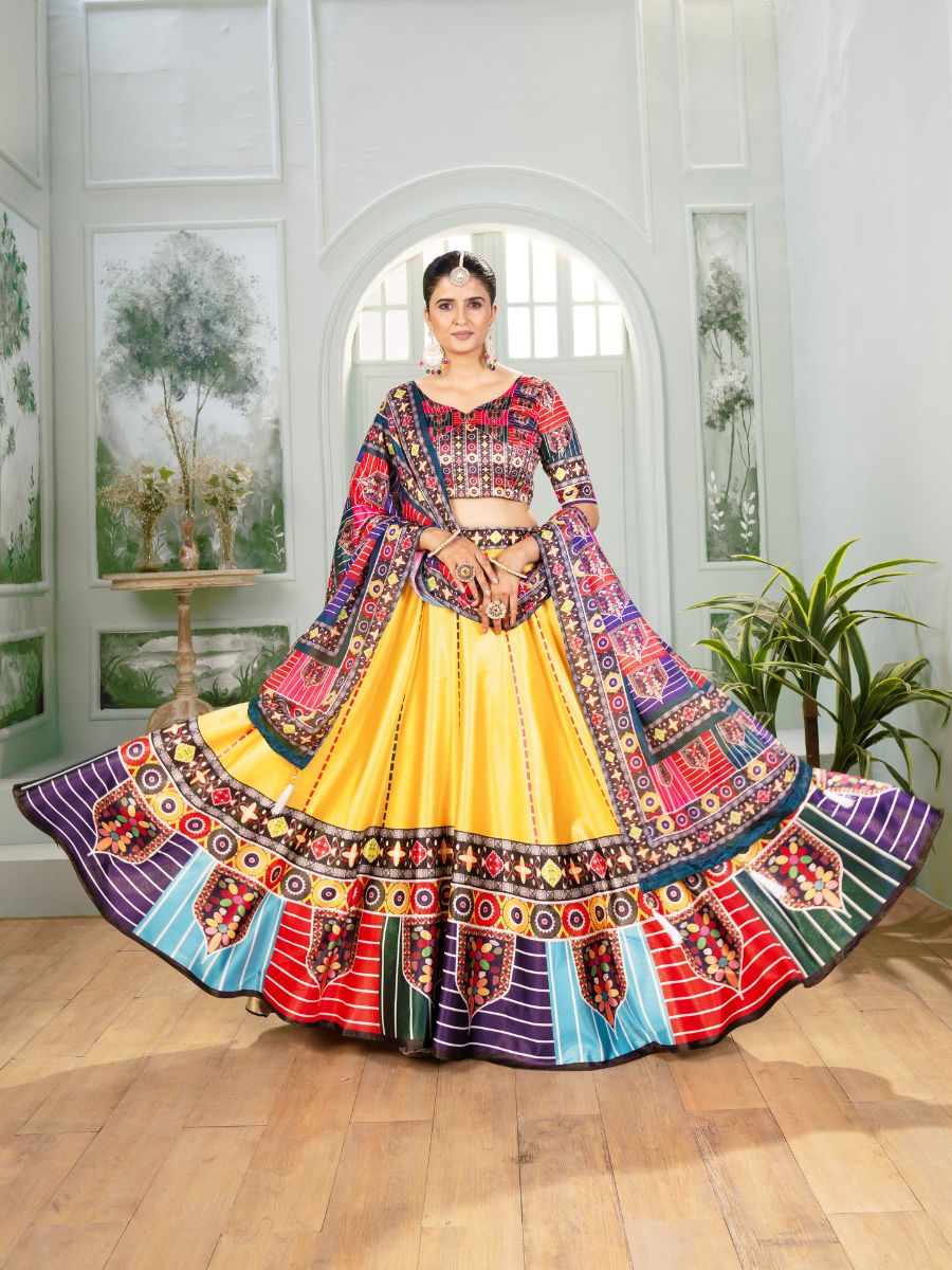 Yellow Lehenga Choli with Multicolor printed Dupatta