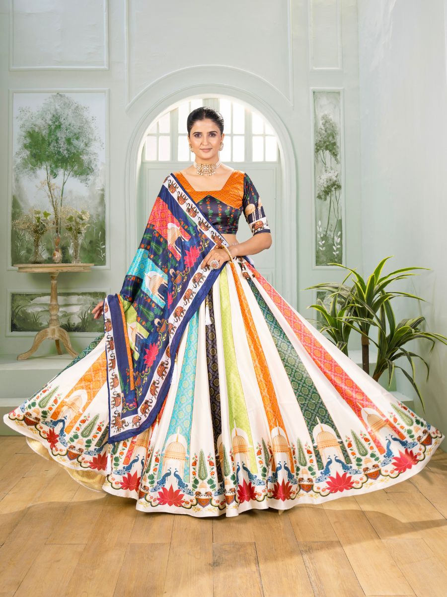 White Multicolor Printed Lehenga Choli with Dupatta