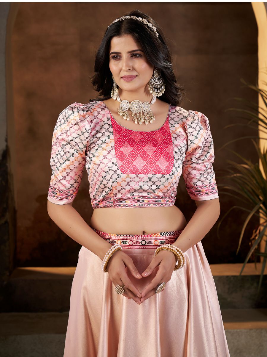 Peach & Red Lehenga with Geometric Print Border