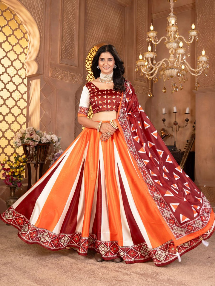 Orange & Maroon Lehenga Choli with Geometric Print Dupatta