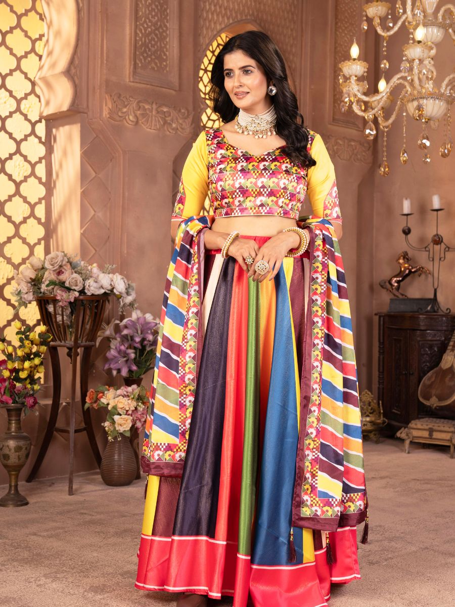 Multicolor Striped Lehenga Choli with Yellow Blouse with gamthi print