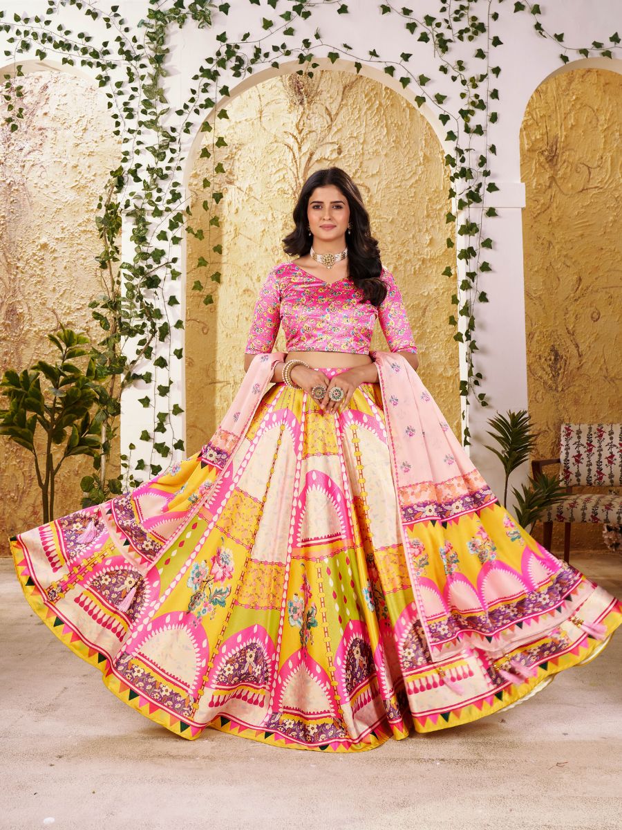 Pink & Yellow Printed Lehenga with Floral Dupatta
