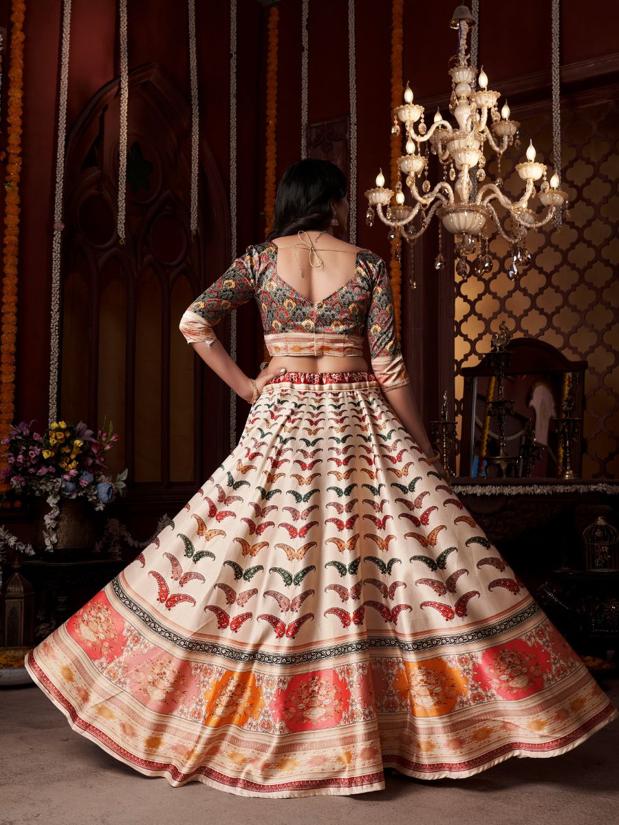 Cream Lehenga with Colorful Butterfly Prints