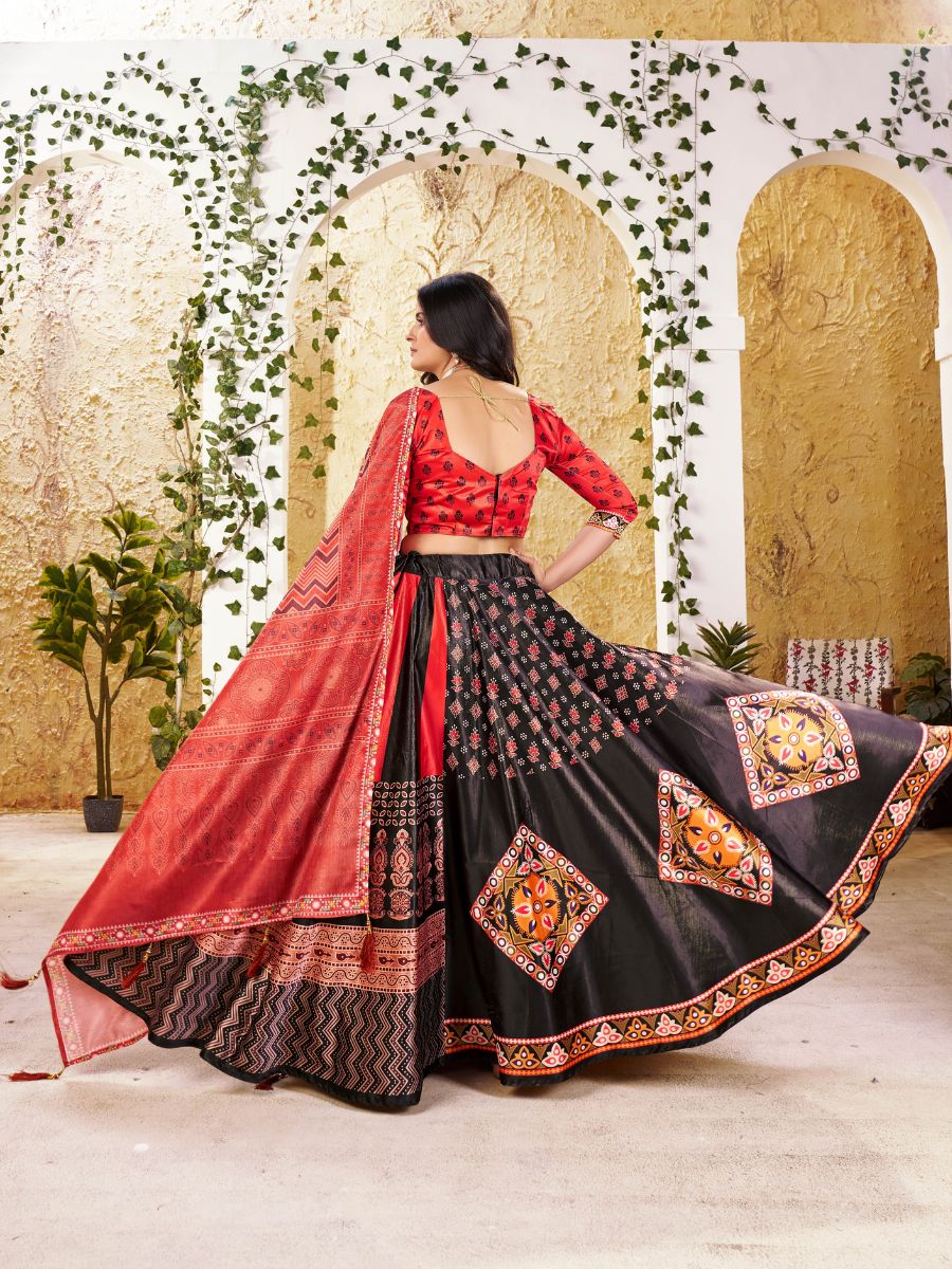 Red & Black Printed Lehenga with Dupatta