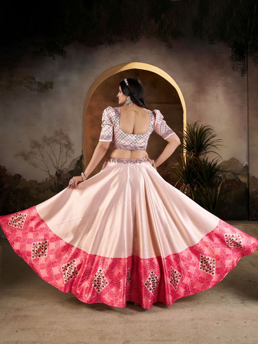 Peach & Red Lehenga with Geometric Print Border