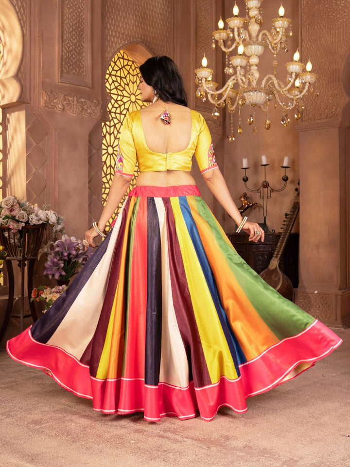 Multicolor Striped Lehenga Choli with Yellow Blouse with gamthi print