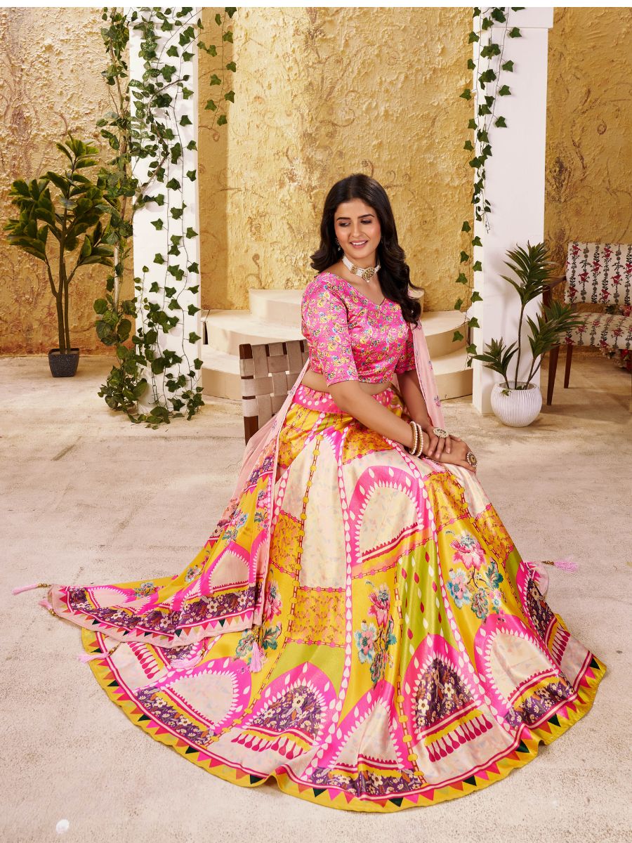 Pink & Yellow Printed Lehenga with Floral Dupatta