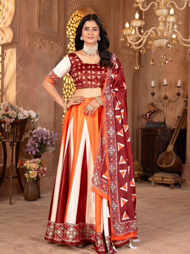 Orange & Maroon Lehenga Choli with Geometric Print Dupatta
