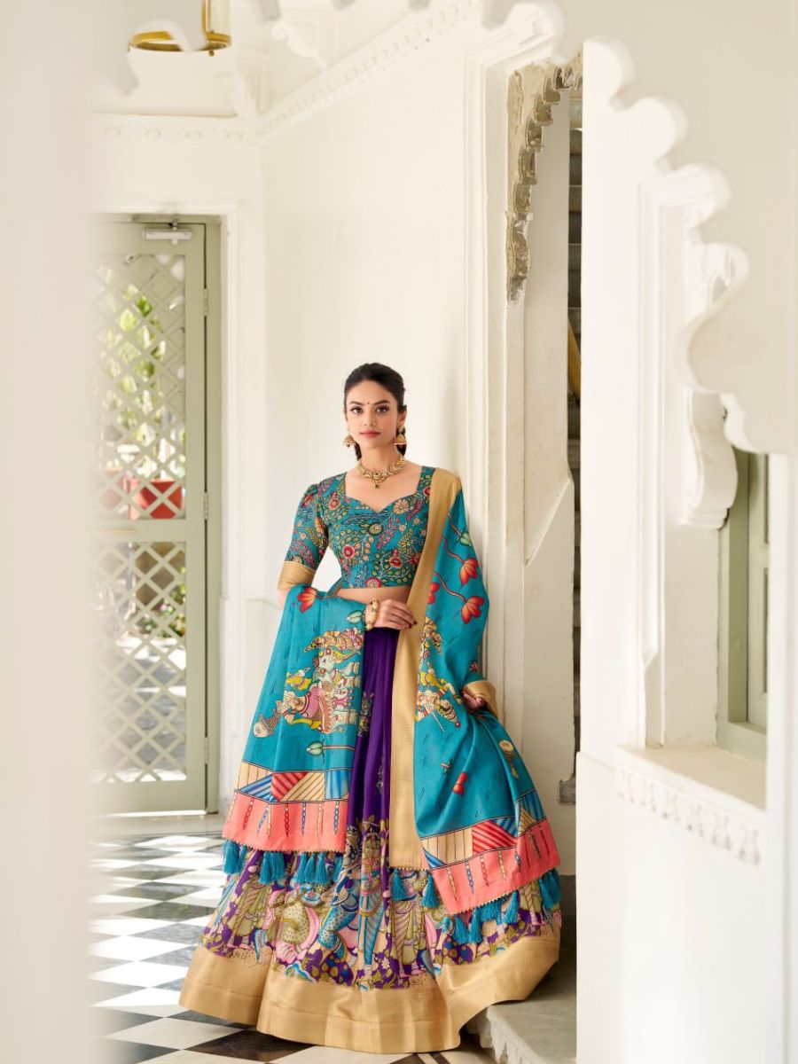 Yellow Handpainted Lehenga with Teal Blouse & Dupatta