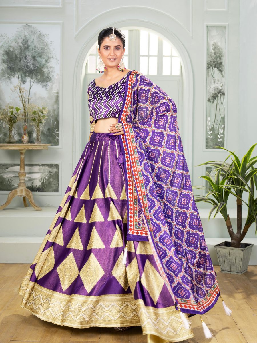 Purple Silk Lehenga Choli with Golden Geometric Work
