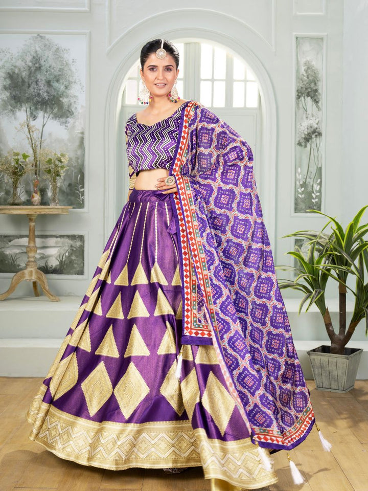 Purple Silk Lehenga Choli with Golden Geometric Work