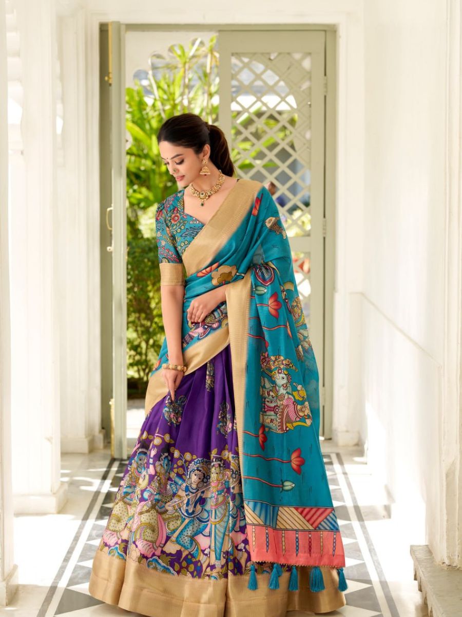 Yellow Handpainted Lehenga with Teal Blouse & Dupatta