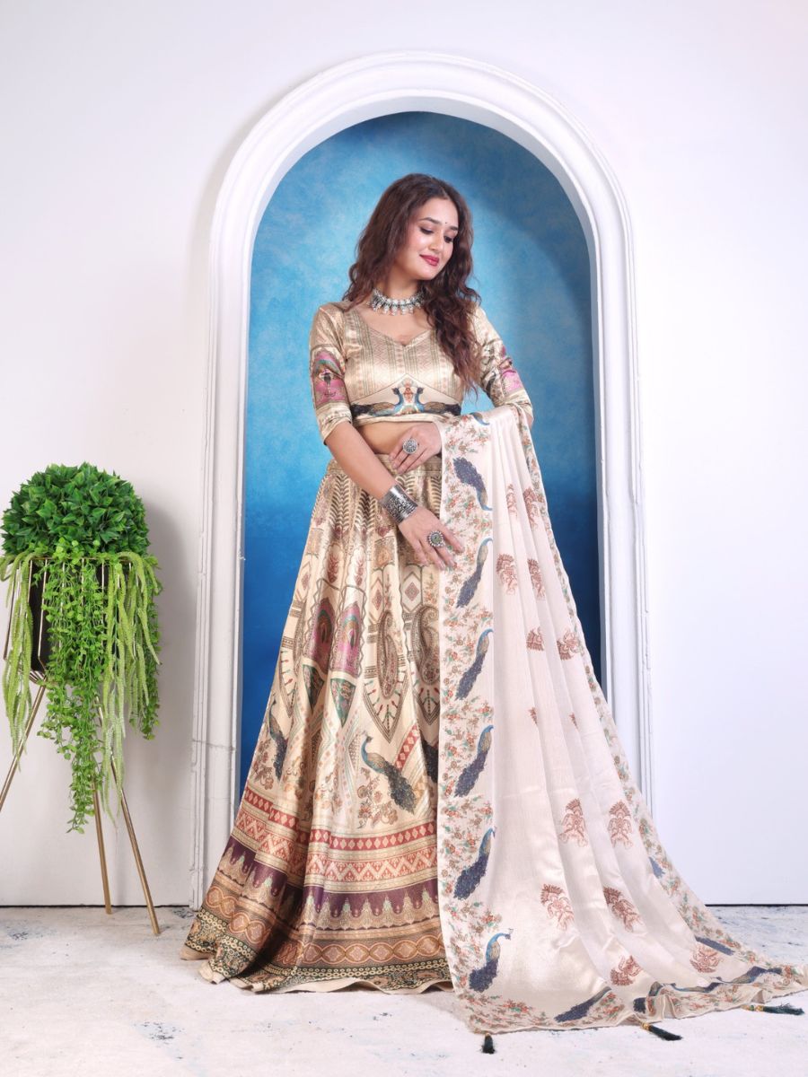 Cream Printed Lehenga with Peacock & Temple Motifs