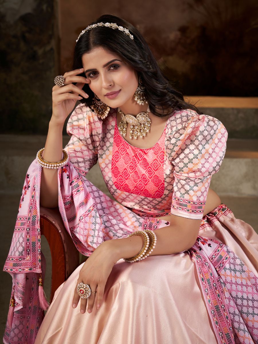 Peach & Red Lehenga with Geometric Print Border