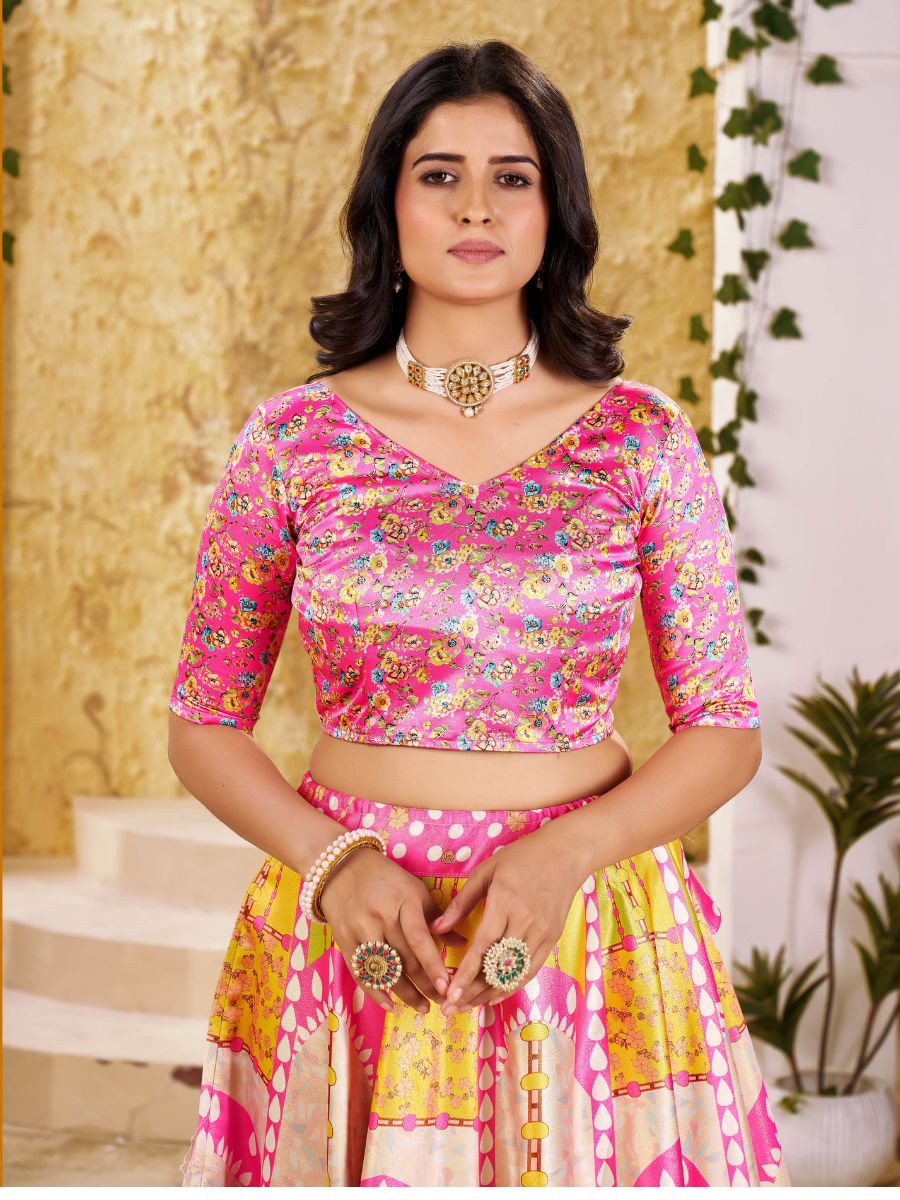 Pink & Yellow Printed Lehenga with Floral Dupatta