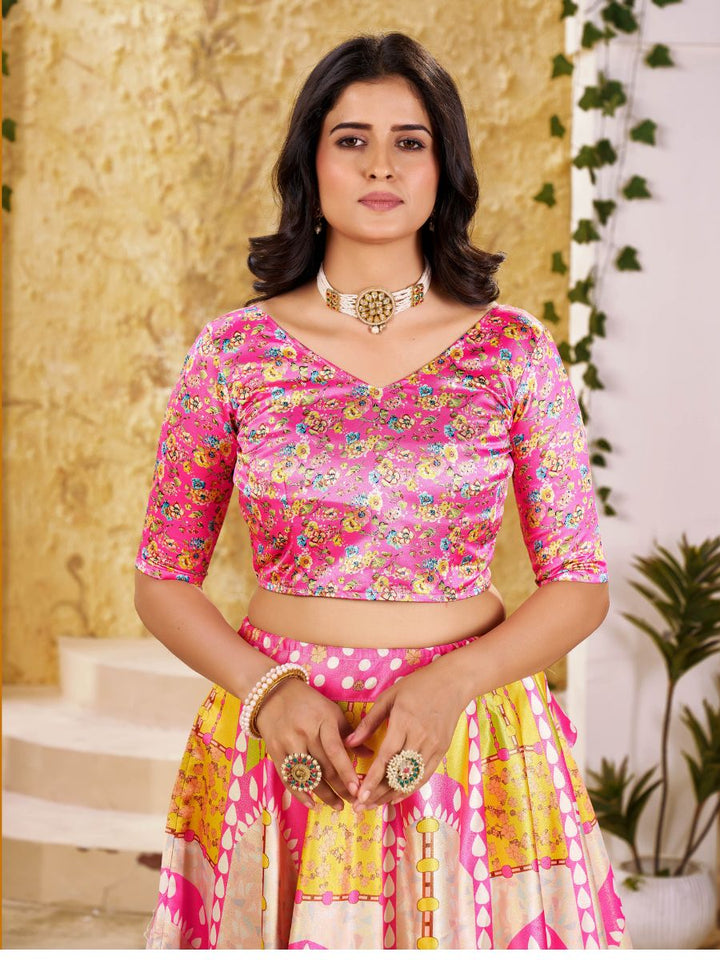 Pink & Yellow Printed Lehenga with Floral Dupatta
