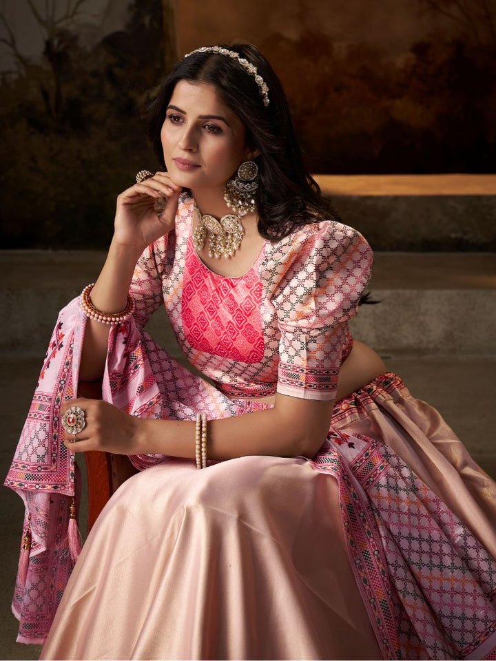 Peach & Red Lehenga with Geometric Print Border