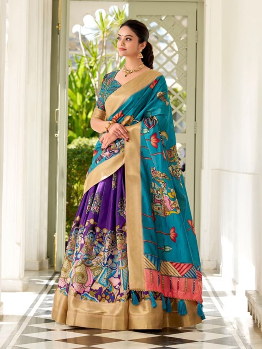 Yellow Handpainted Lehenga with Teal Blouse & Dupatta