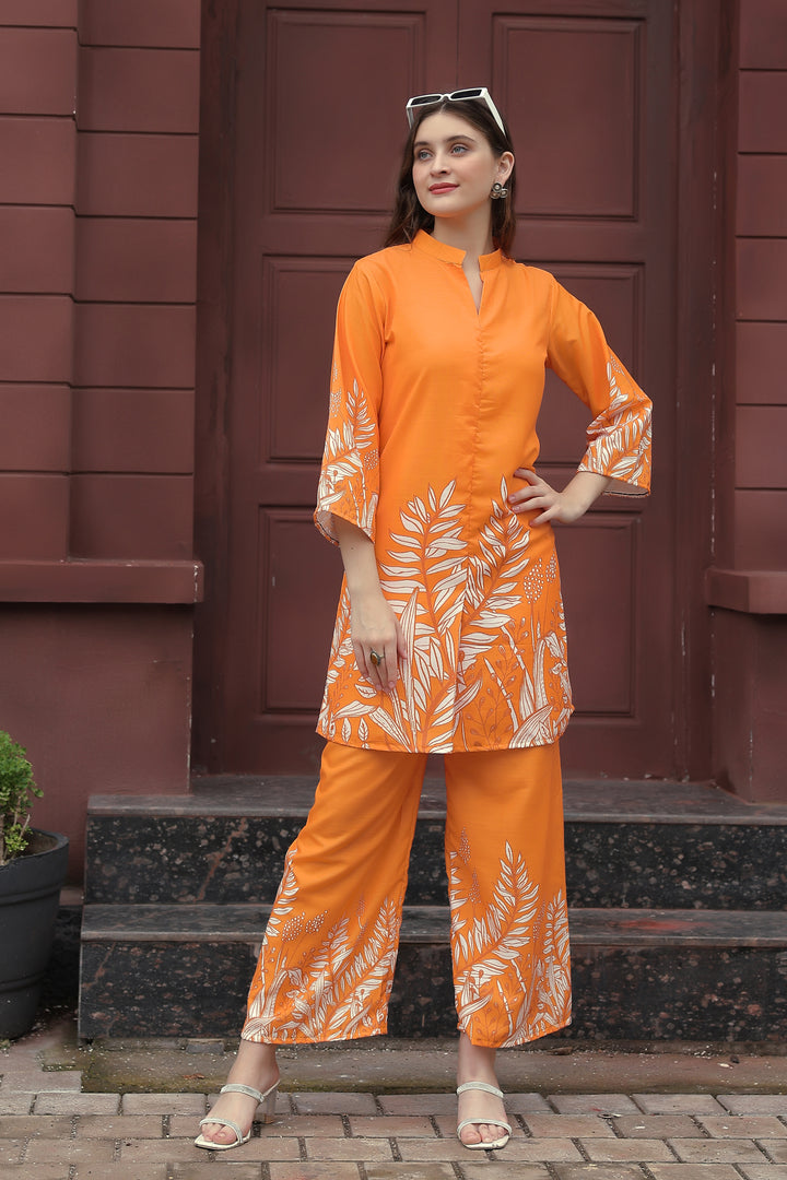 ORANGE COLOR  CO-ORD SET WITH LEAF PRINT