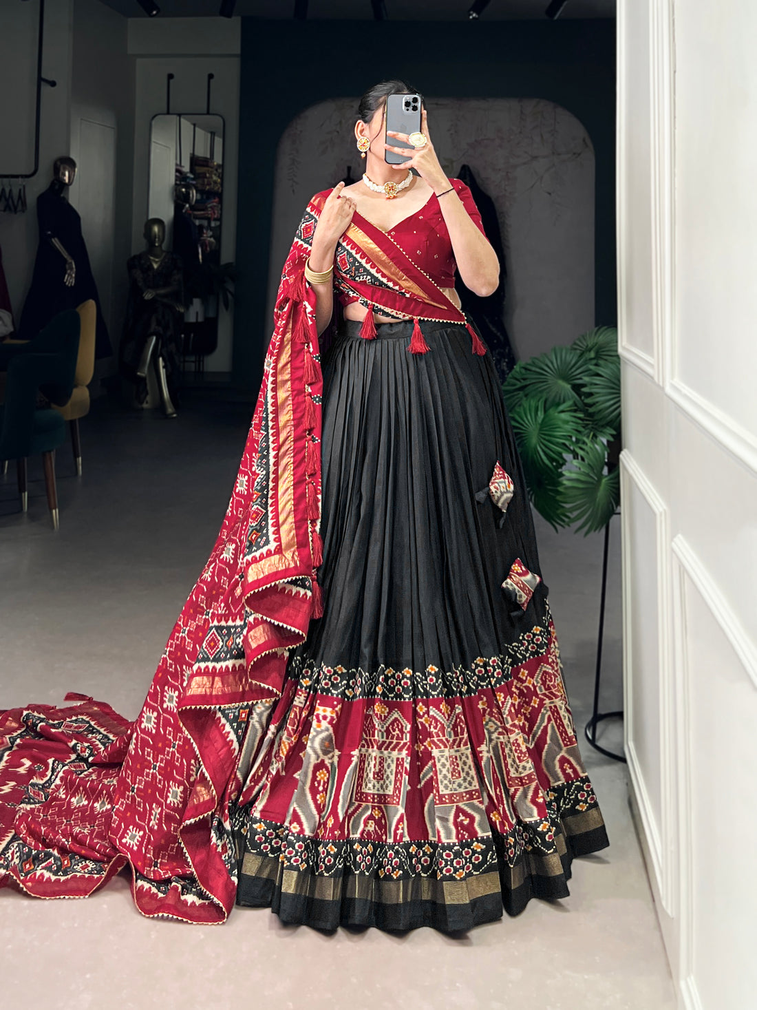 red & dark green  ikkat  elephant chaarm choli