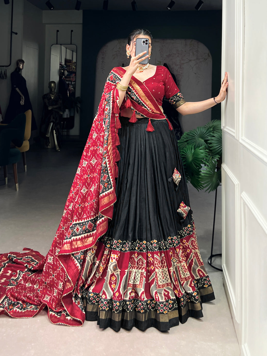 red & dark green  ikkat  elephant chaarm choli