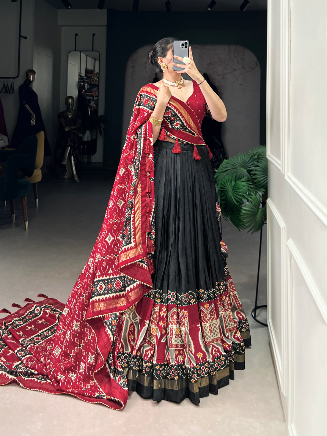 red & dark green  ikkat  elephant chaarm choli