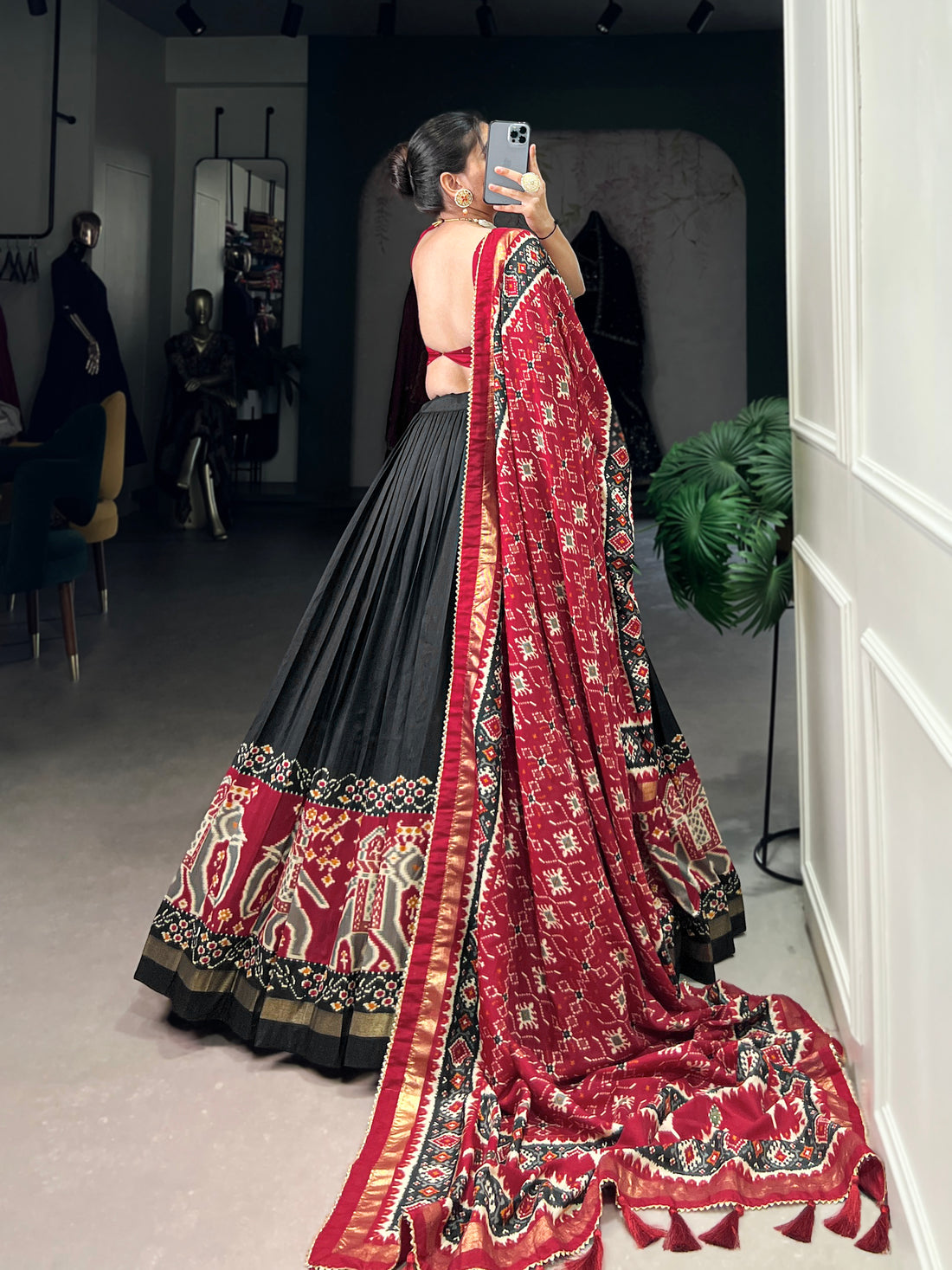 red & dark green  ikkat  elephant chaarm choli
