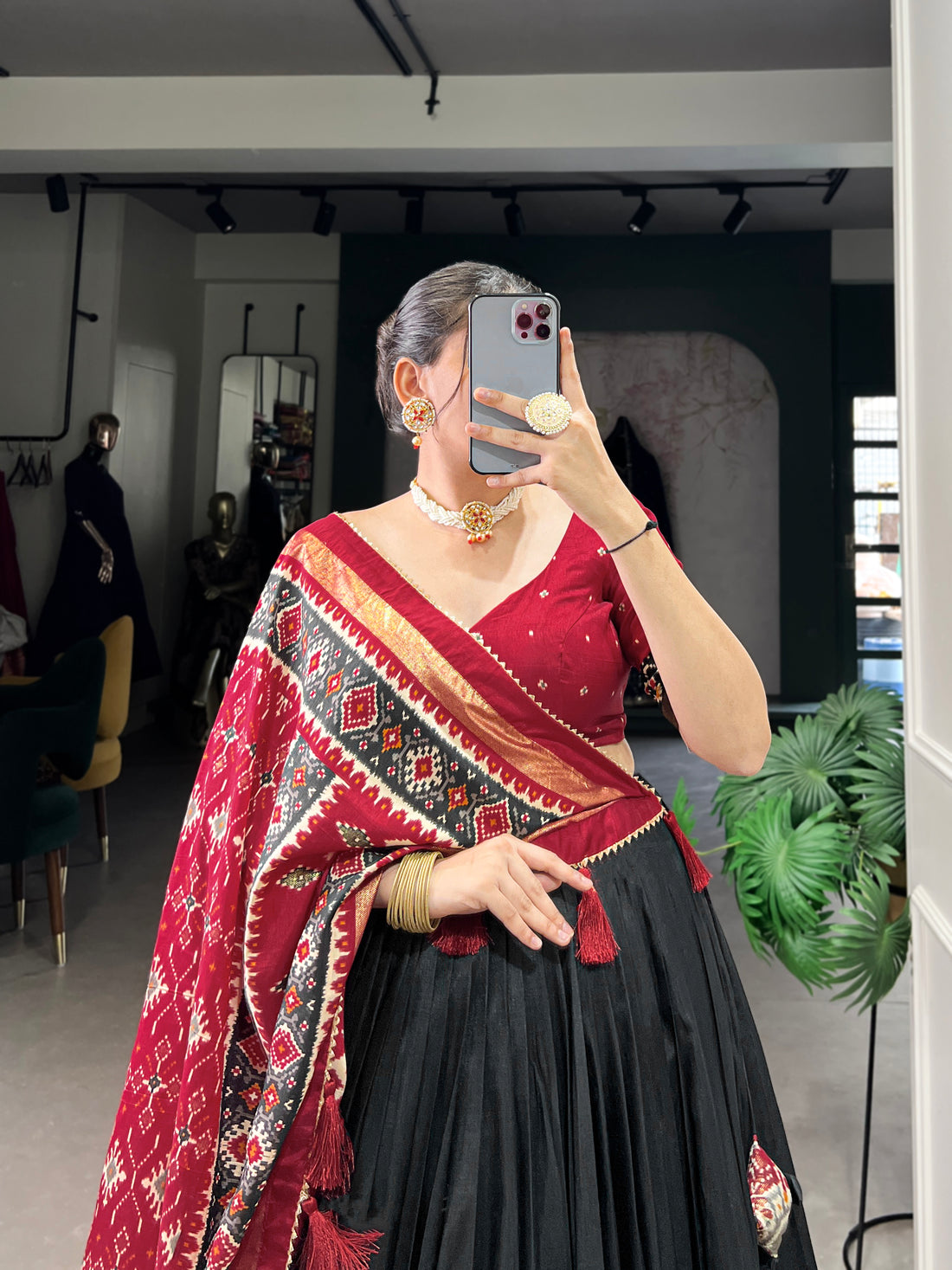 red & dark green  ikkat  elephant chaarm choli