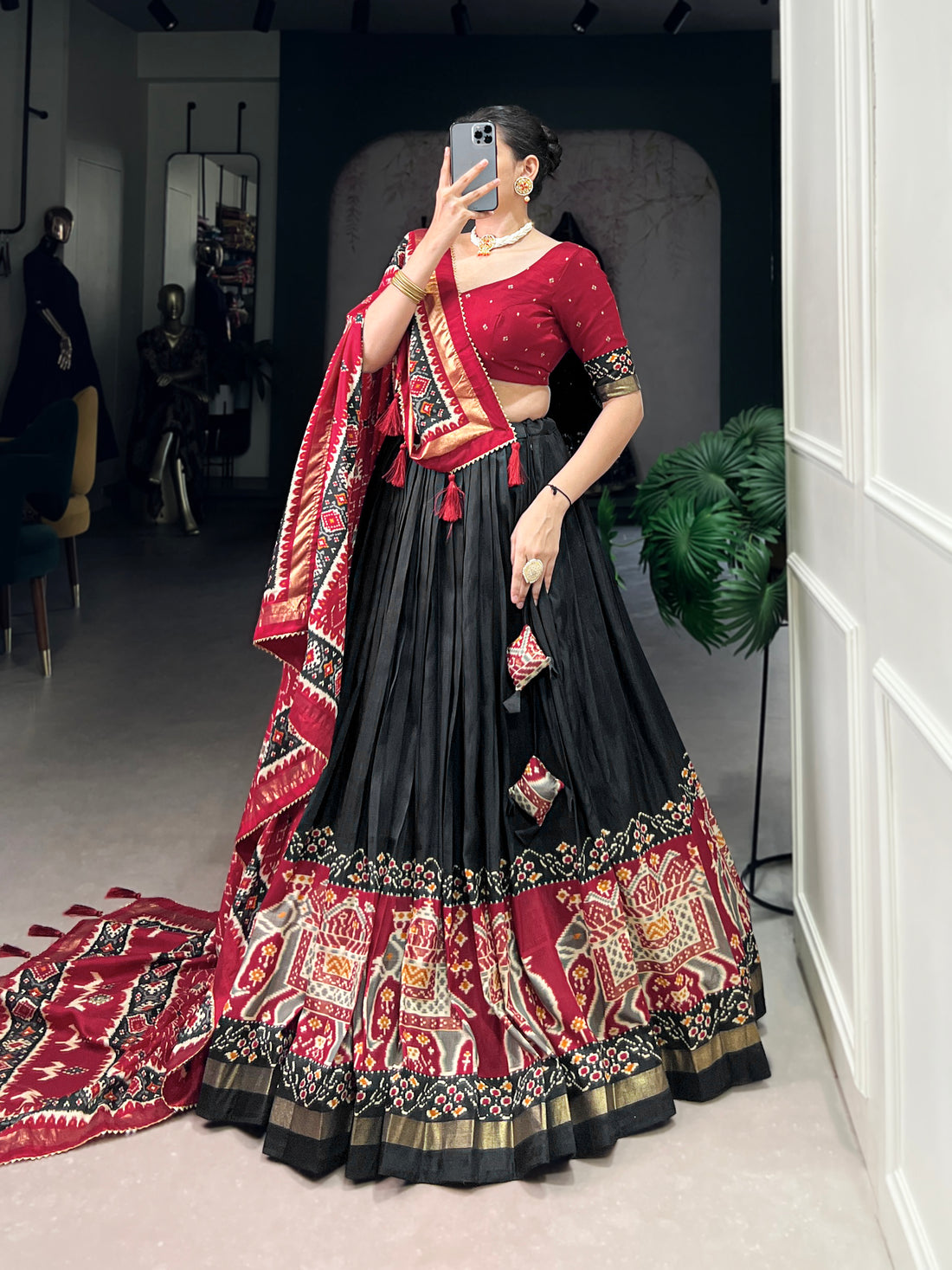 red & dark green  ikkat  elephant chaarm choli
