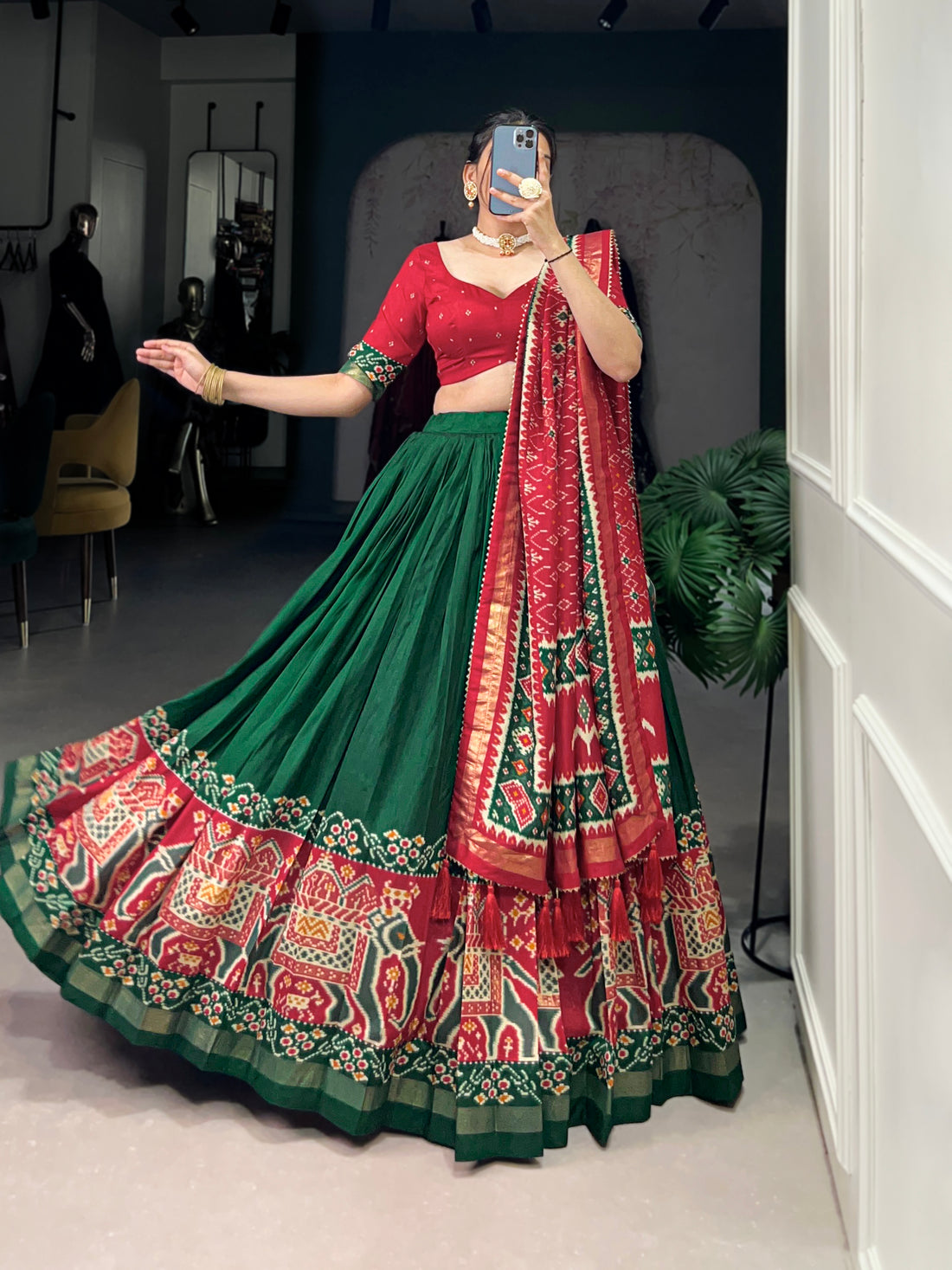 re  & green ikkat  elephant chaarm choli