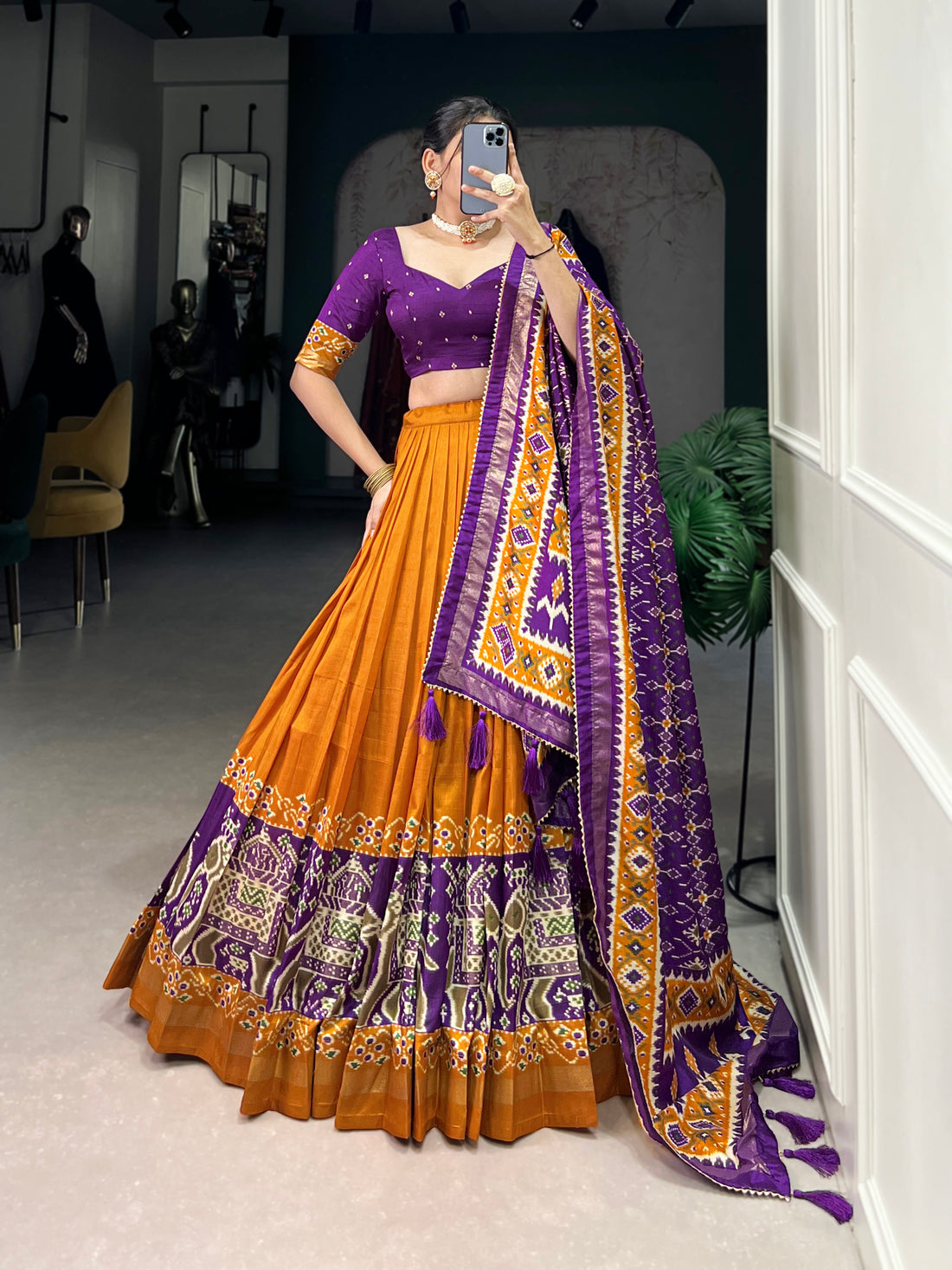 purple & orange ikkat  elephant chaarm choli