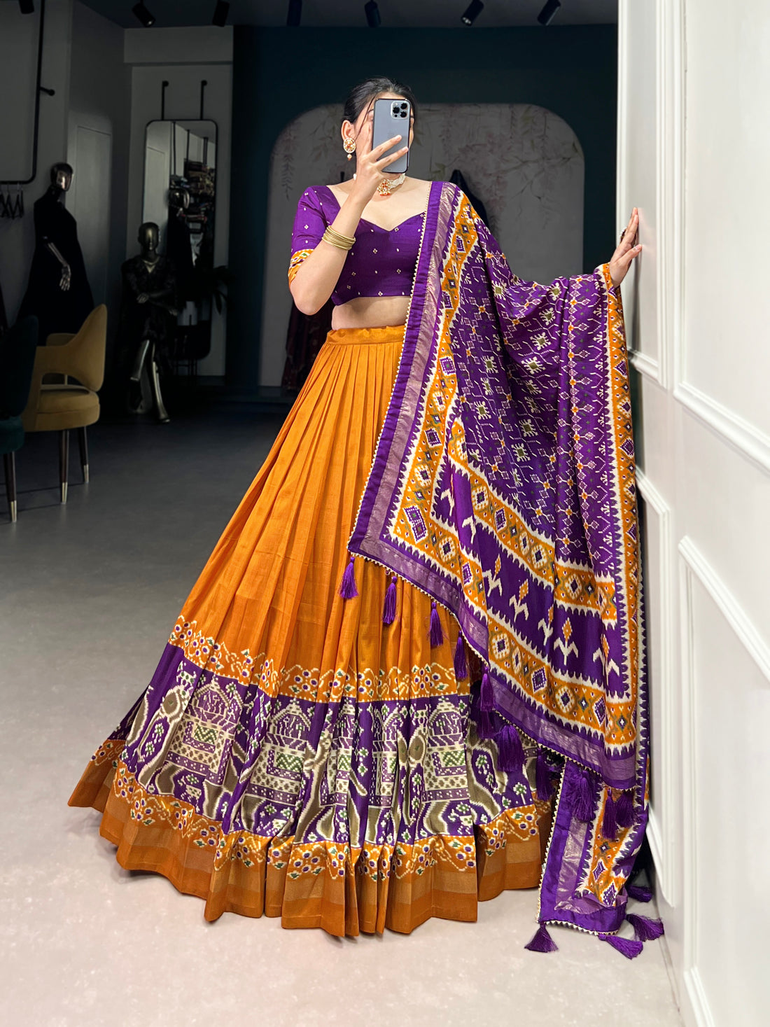 purple & orange ikkat  elephant chaarm choli