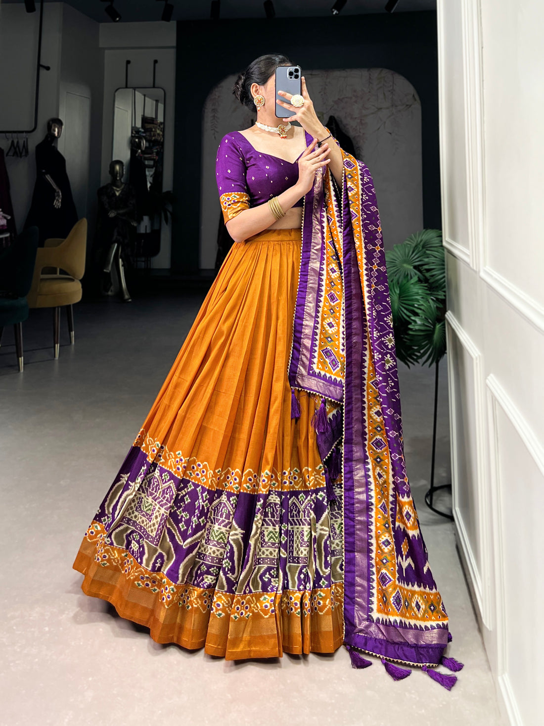 purple & orange ikkat  elephant chaarm choli