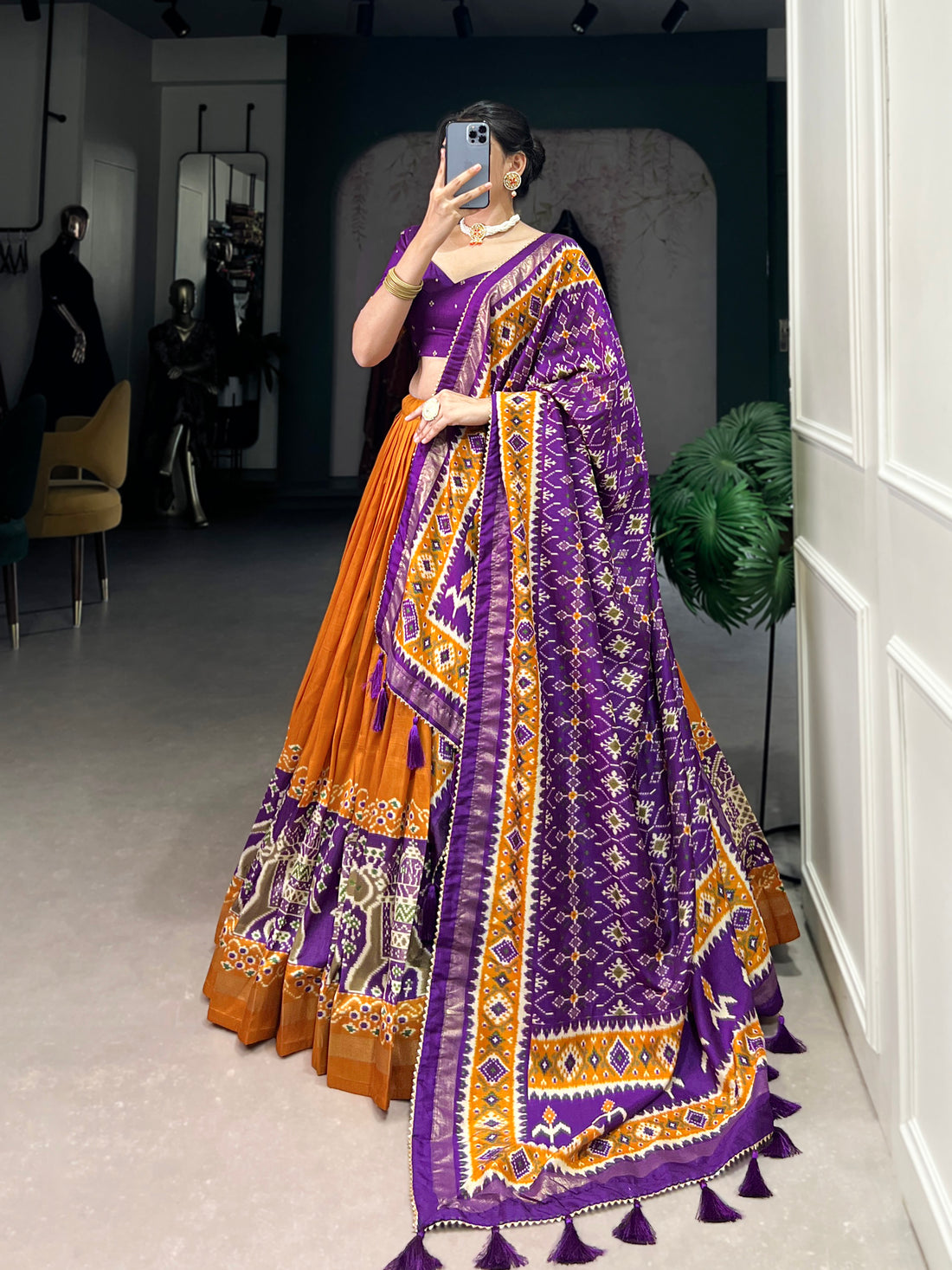 purple & orange ikkat  elephant chaarm choli