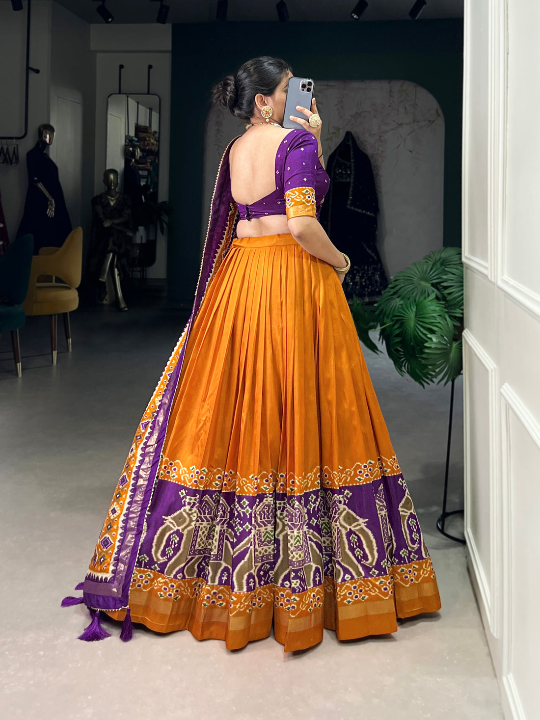 purple & orange ikkat  elephant chaarm choli