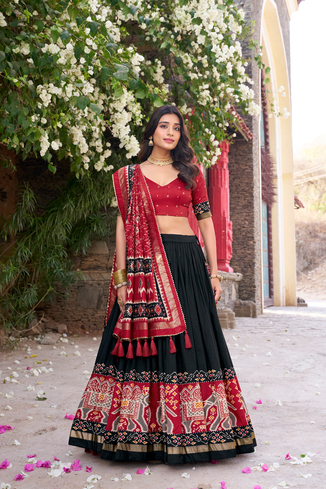 red & dark green  ikkat  elephant chaarm choli