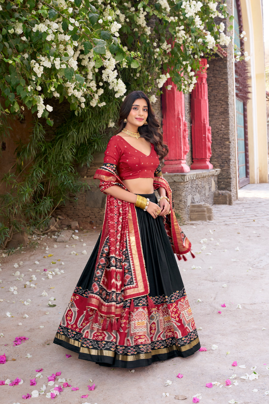 red & dark green  ikkat  elephant chaarm choli