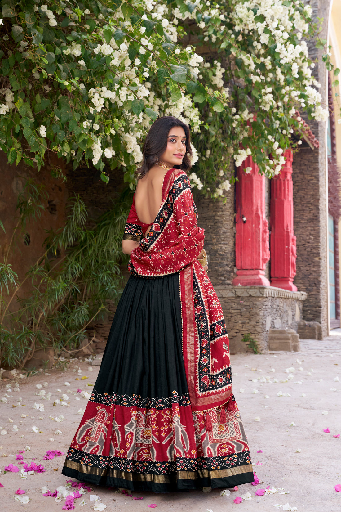 red & dark green  ikkat  elephant chaarm choli